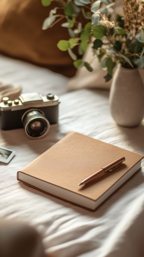 Gästebuch-Tisch mit Notizbuch, Polaroidkamera und dekorativer Schrift für Hochzeitswünsche.