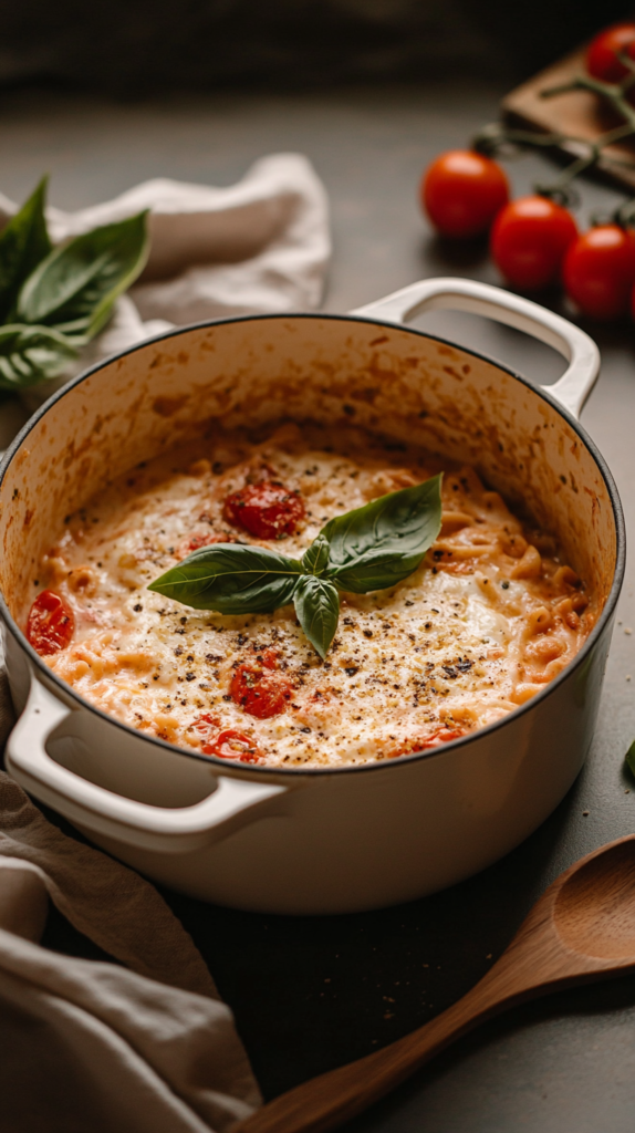 One Pot Pasta mit Tomaten, Mozzarella und frischem Basilikum in rustikalem Topf mit Holzlöffel und gemütlicher Küchenumgebung.
