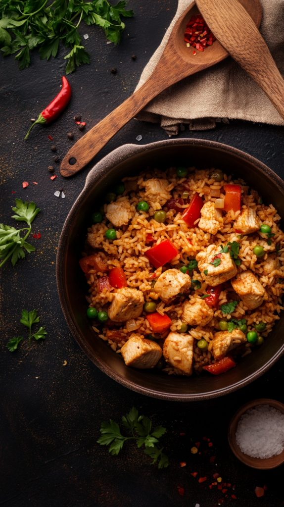 One Pot Gericht mit Hähnchen, Paprika, Erbsen und Reis in beigefarbenem Keramiktopf, dekoriert mit Petersilie und Holzlöffel.