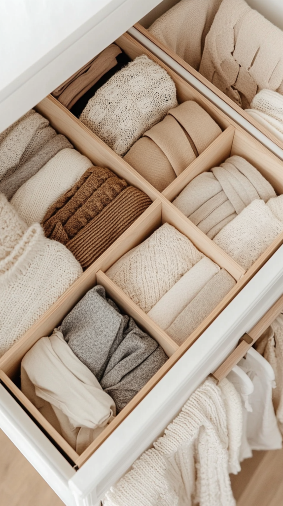 Schublade mit gefalteter Kleidung nach KonMari-Methode.