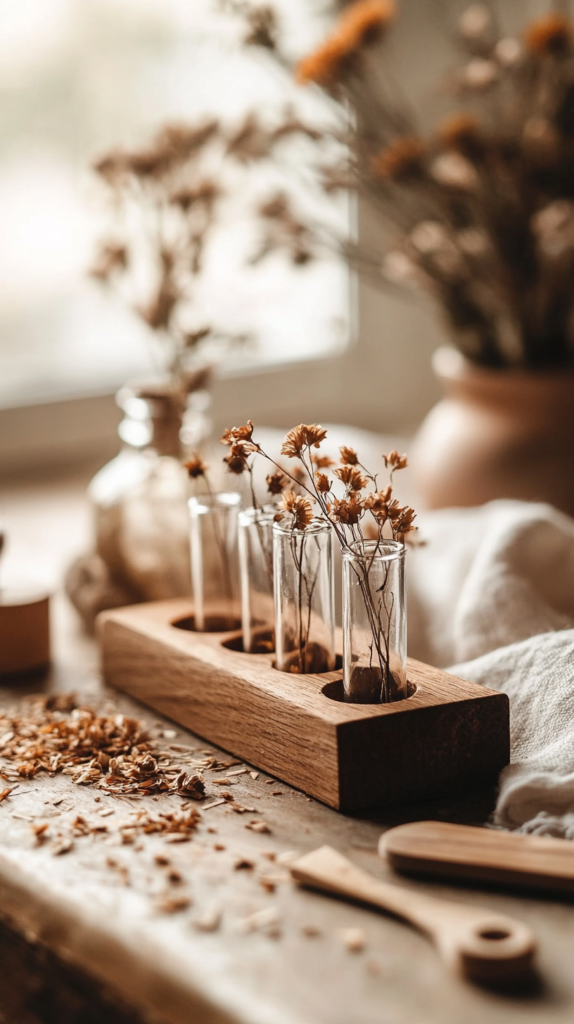 DIY-Vasenhalter aus hellem Holz mit Trockenblumen in Gläsern, arrangiert auf Leinentuch mit Holzspänen.