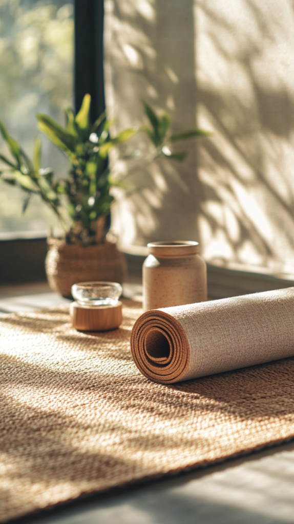 Yogaecke mit Korkmatte, Juteteppich und Yogablock – eingerahmt von Pflanzen und sanftem Licht.