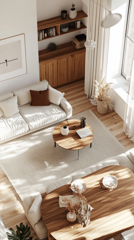 Minimalistische Wohnung mit multifunktionalen Möbeln wie Schlafsofa und Klapptisch.