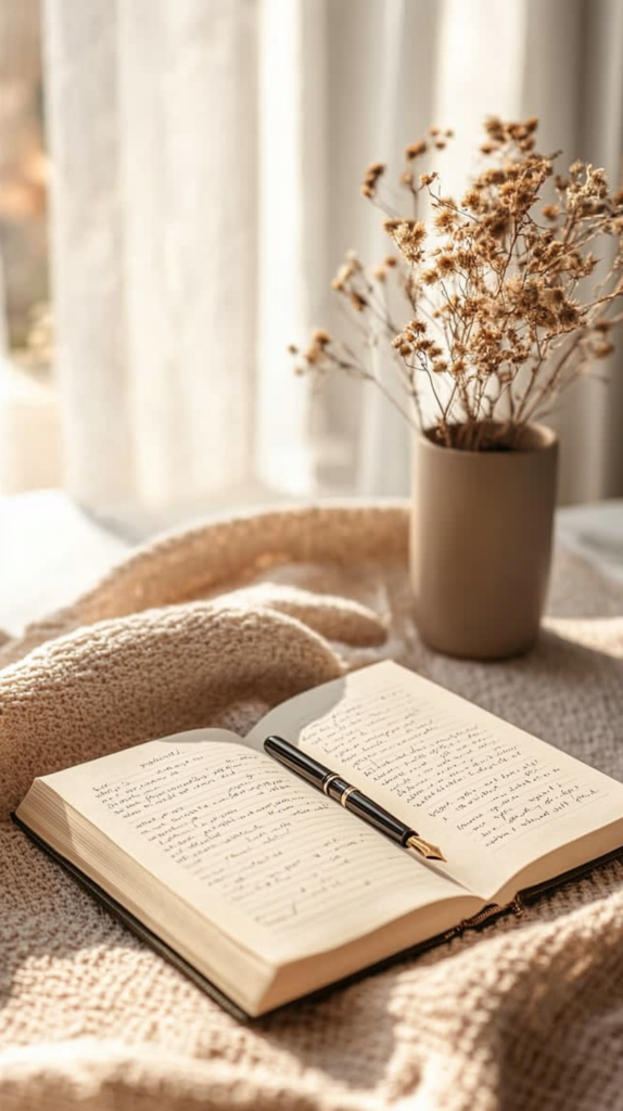 Kreatives Schreibsetup mit Notizbuch, Füller und „The Artist’s Way“-Buch.