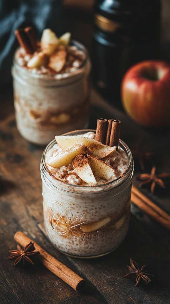 Apfel-Zimt-Overnight-Oats im Glas mit geraspeltem Apfel und Zimt.