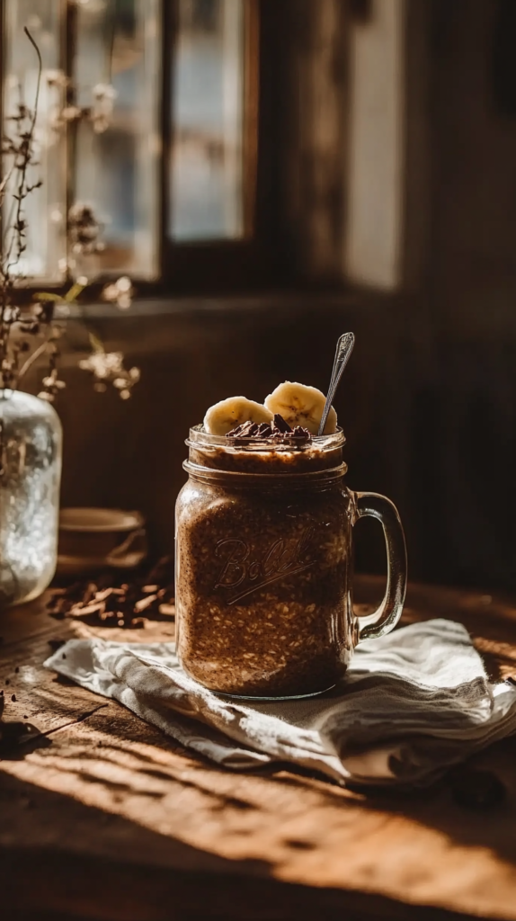 Schoko-Bananen-Overnight-Oats im Glas mit Bananenscheiben & Kakaonibs.