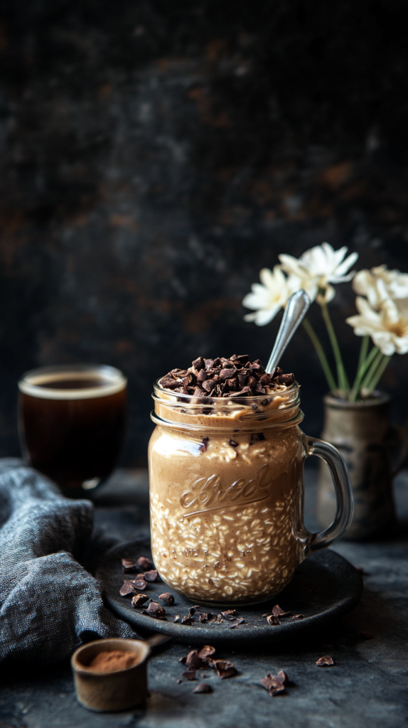 Kaffee-Overnight-Oats im Glas mit Kakaonibs und Cold Brew Kaffee daneben.