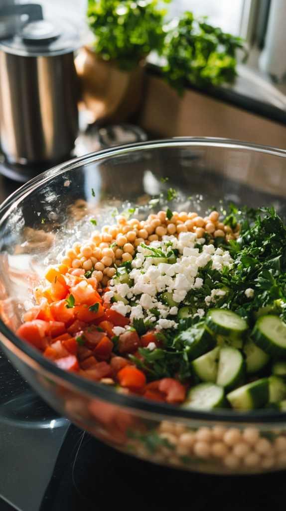 Frischer Couscous-Salat mit Kichererbsen, Feta & Kräutern in Keramikschale serviert.