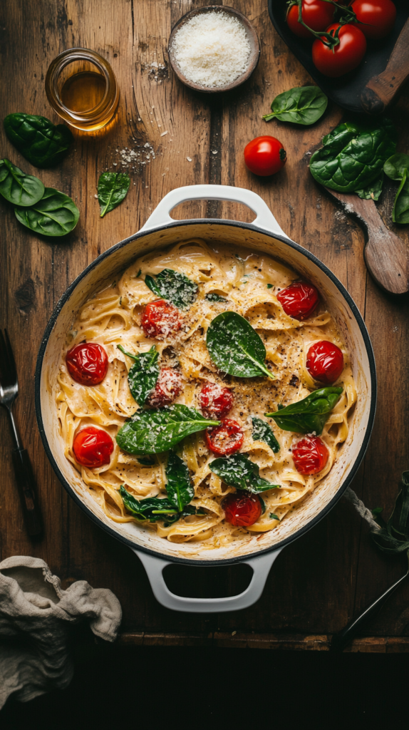 Cremige One-Pot-Pasta mit Tomaten & Spinat in heller Pfanne auf Holztisch angerichtet.