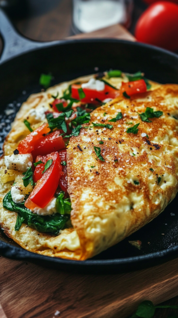 Omelett mit Gemüse & Käse in Pfanne – fluffig, goldbraun und sättigend.