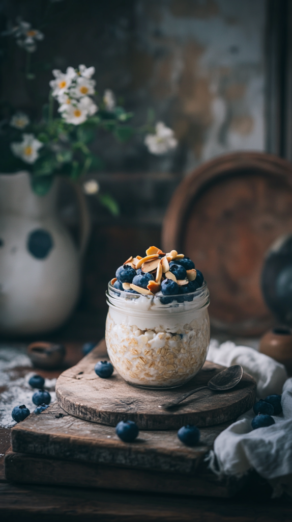 Klassische Overnight Oats mit Vanille, Heidelbeeren und Mandeln im Glas.