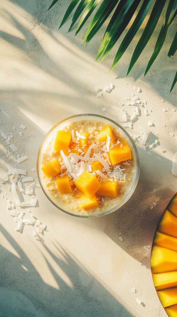 Kokos-Mango-Overnight-Oats mit frischen Mangostücken und Kokosflocken.