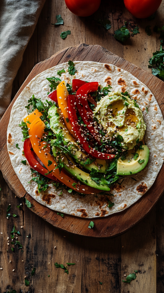 Bunte vegetarische Wraps mit Hummus, Avocado & Gemüse auf Holzbrett angerichtet.