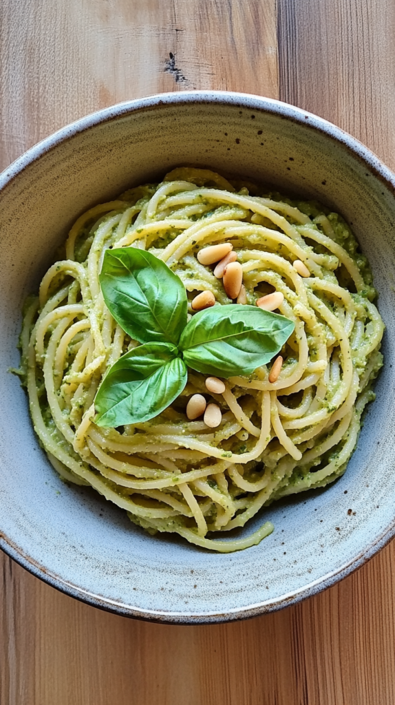 Vollkornnudeln mit cremigem Avocado-Pesto & Basilikum in heller Schale angerichtet.