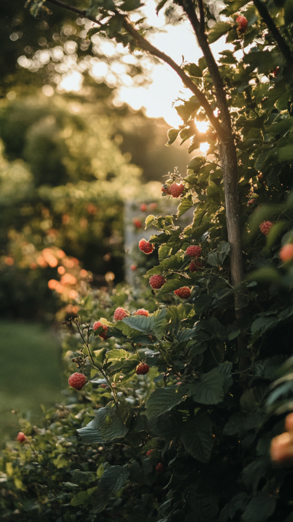 Kinderfreundliche Beerenhecke im Garten mit Himbeeren, Johannisbeeren und Blaubeeren.