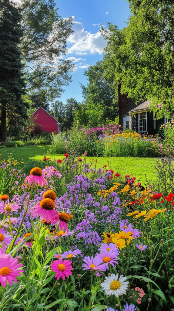 Bunte Wildblumenwiese statt Rasen im Familiengarten – summende Vielfalt.