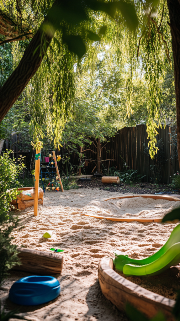 Naturnaher Spielbereich mit Weidentunnel, Kletterstämmen & Sandkasten.