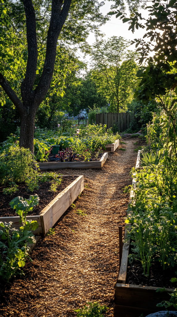Gartenwege & Beete mit Holzmulch statt Rasenflächen – Permakultur-Stil.