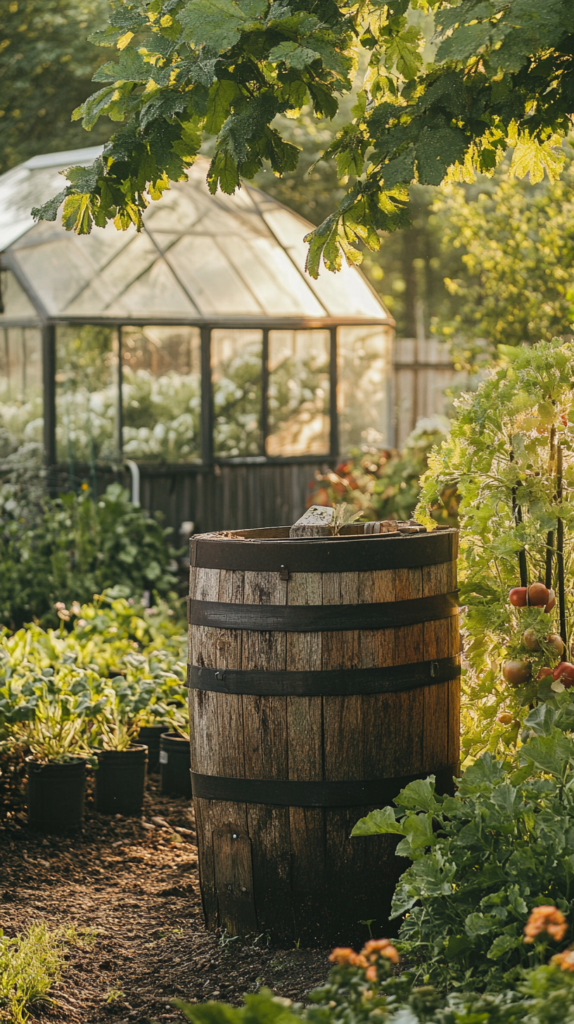 Rustikale Regentonne neben Hochbeet und Gewächshaus in natürlichem Garten.