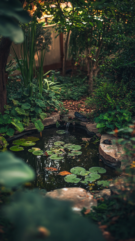 Kleiner Naturteich mit Steinen & Wildpflanzen im Familiengarten.