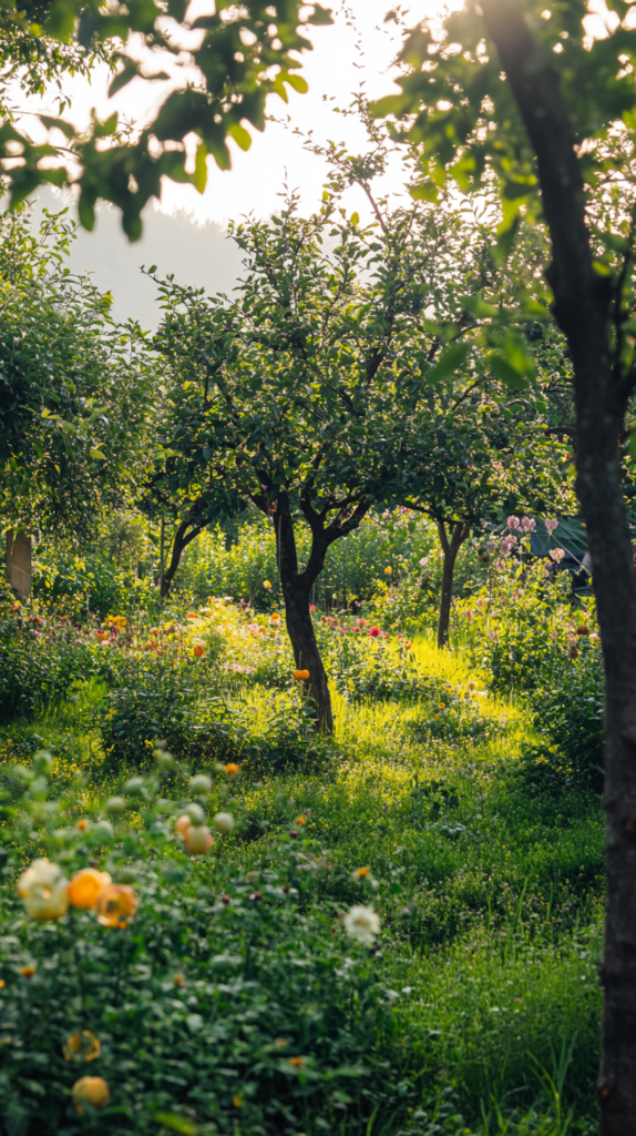 Kleiner Obstgarten mit Apfel- & Birnbäumen, Kräutern und Blüten im Familiengarten.
