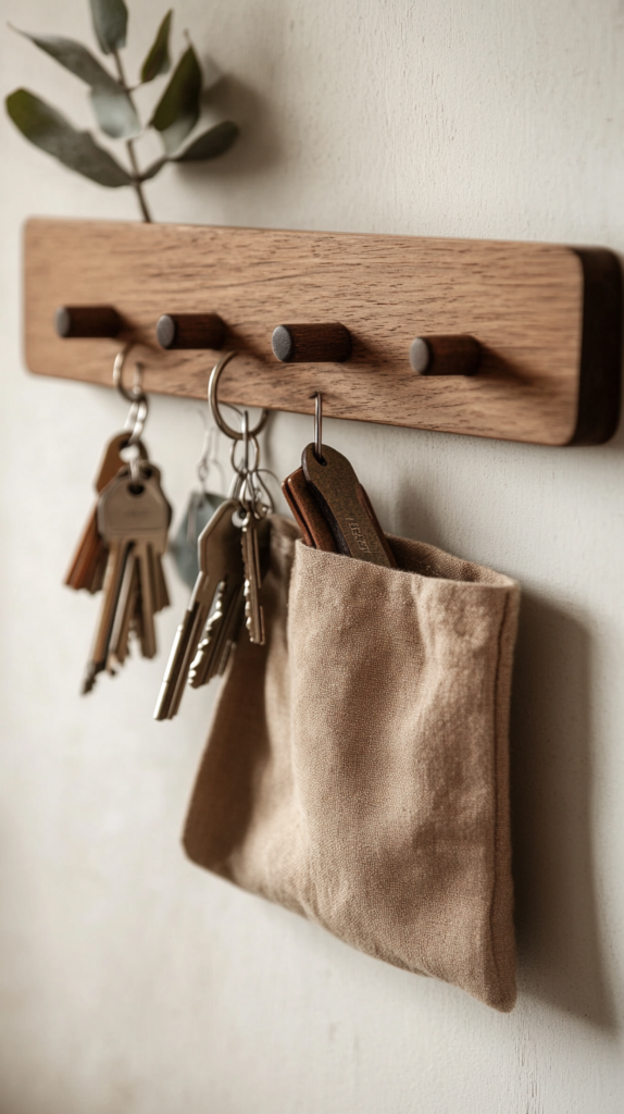 Schlichtes DIY-Schlüsselbrett aus Eichenholz mit Dübeln und hängenden Schlüsseln und Stoffbeutel an weißer Wand.