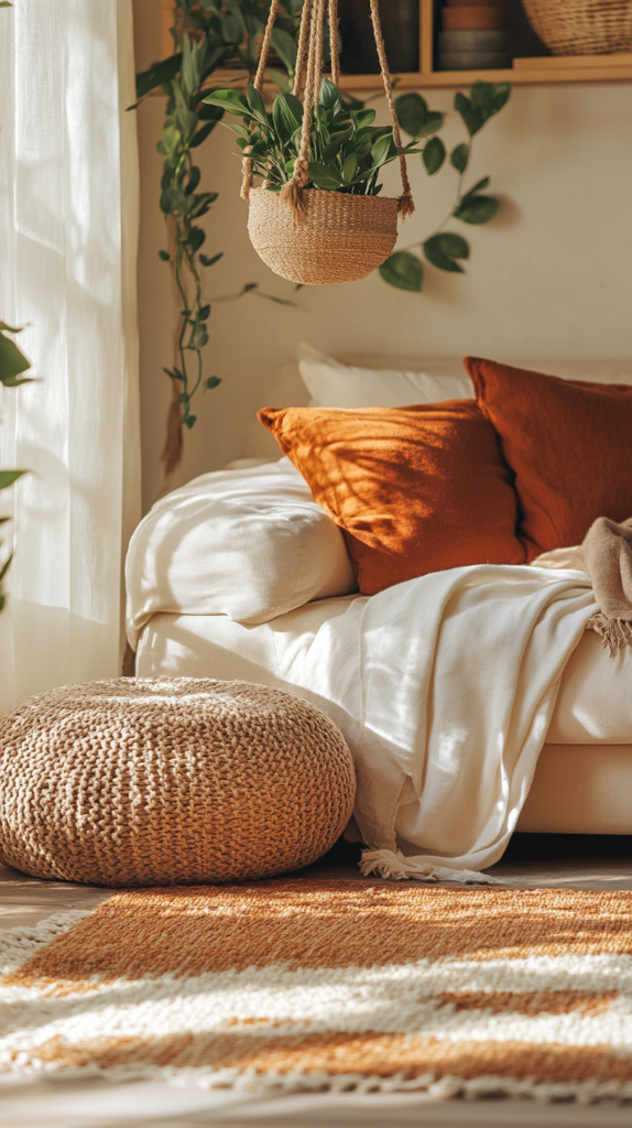 Wohnzimmer mit Boho-Textilien, Kissen in Naturtönen und Rattan-Details.