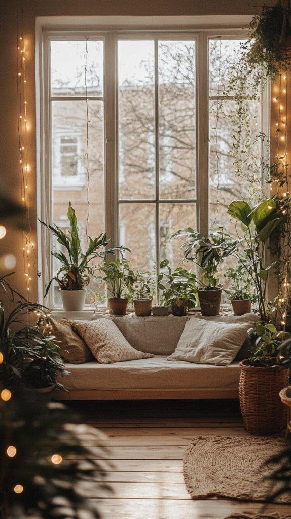Skandinavisches Wohnzimmer mit viel Licht, Pflanzen und sanfter Deko.