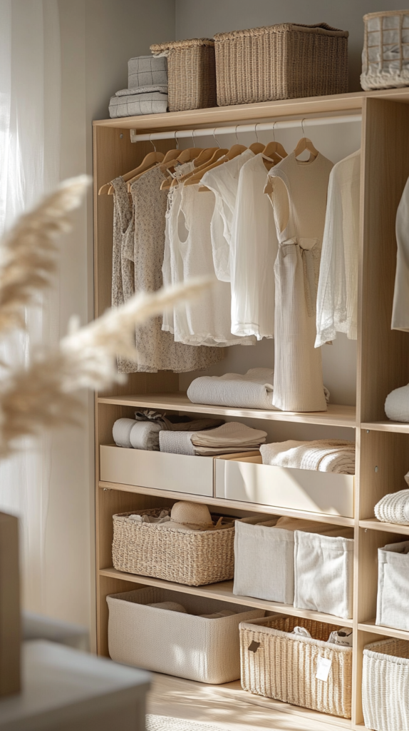 Offener Kleiderschrank mit klar gekennzeichneten Kategorien wie Hosen, Shirts, Accessoires.