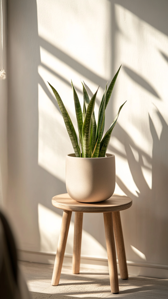 Sansevieria in Keramiktopf auf Hocker im hellen Wohnzimmer mit minimalistischem Stil.