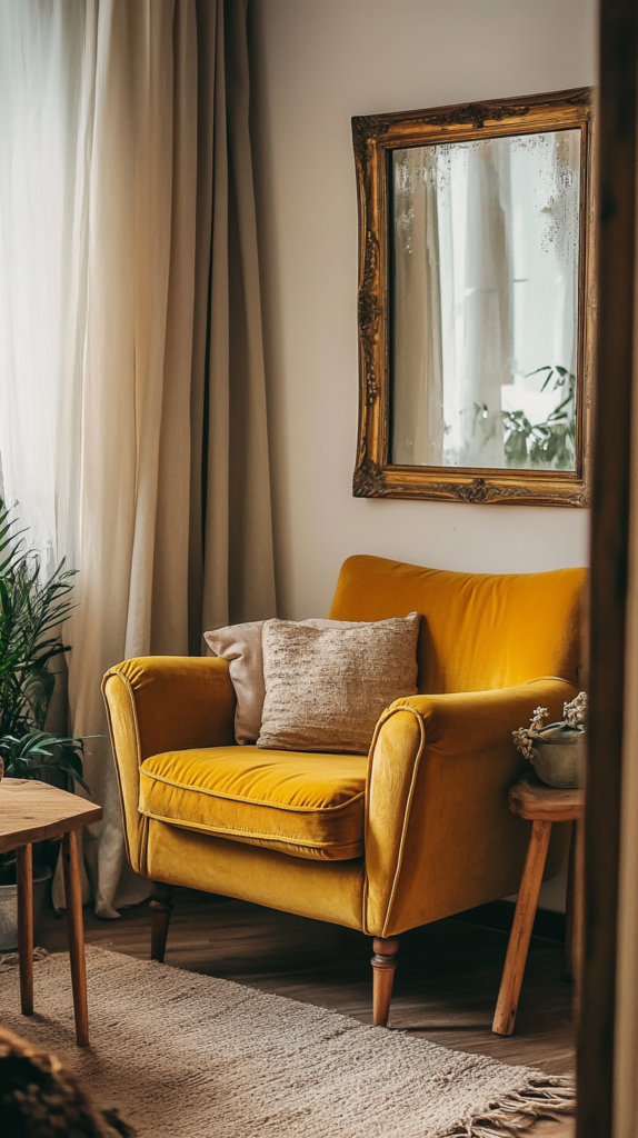 Wohnzimmer-Ecke mit Samtsessel, Vintage-Spiegel und Holztisch.