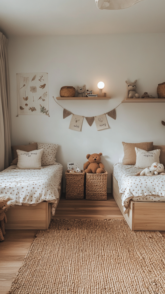 Zwillingszimmer mit zwei unterschiedlich gestalteten Wandseiten – einmal mit Blumen, einmal mit Sternen.