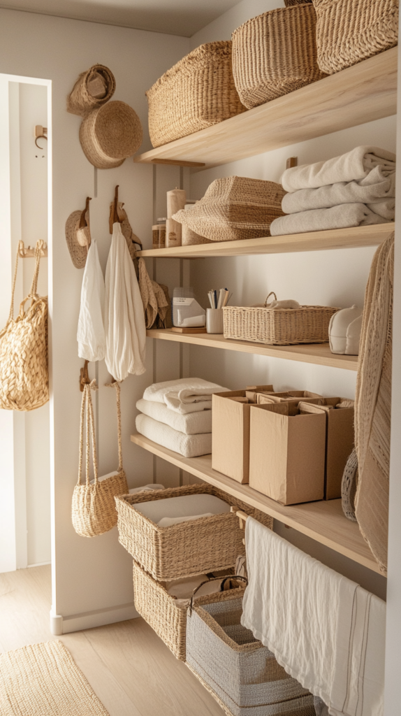 Kleiner Raum im minimalistischen Stil mit Naturtextilien und warmem Licht.