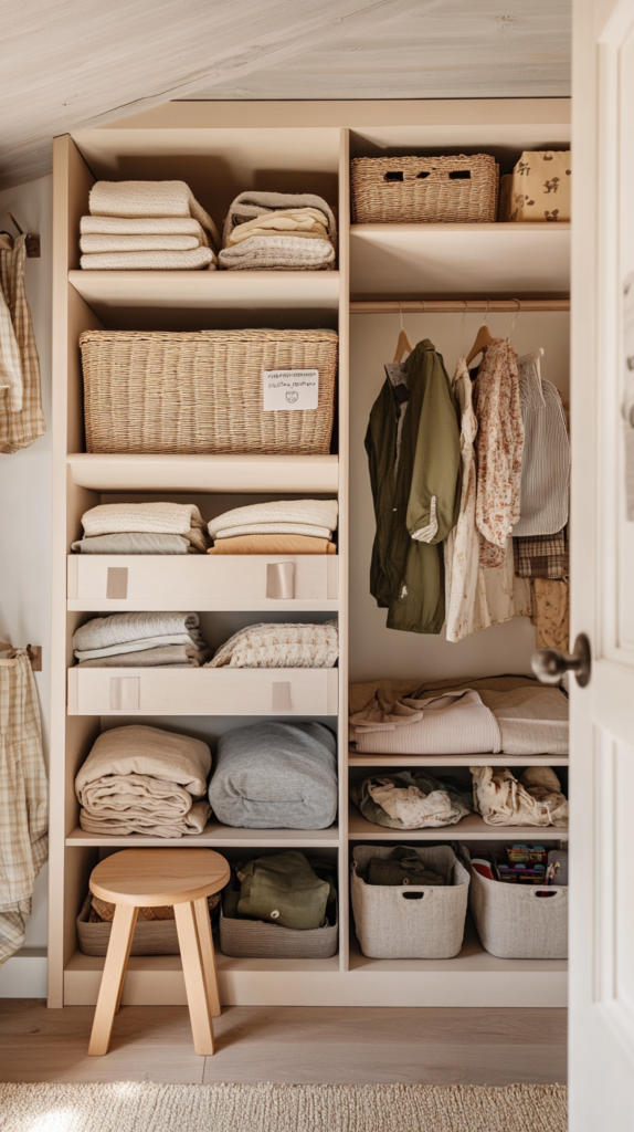 Kleines Kinderzimmer mit hohen Regalen, Unterbett-Schubladen, Körben und Hängeorganizer.