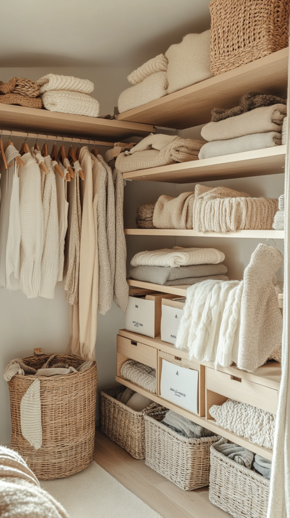 Schrank mit saisonal sortierter Kleidung und Kisten für Sommer- und Winterteile.