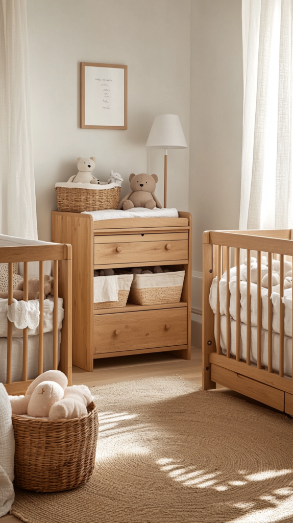 Funktionales Kinderzimmer mit wandelbaren Betten, Wickeltisch und beschrifteten Kommodenschubladen.