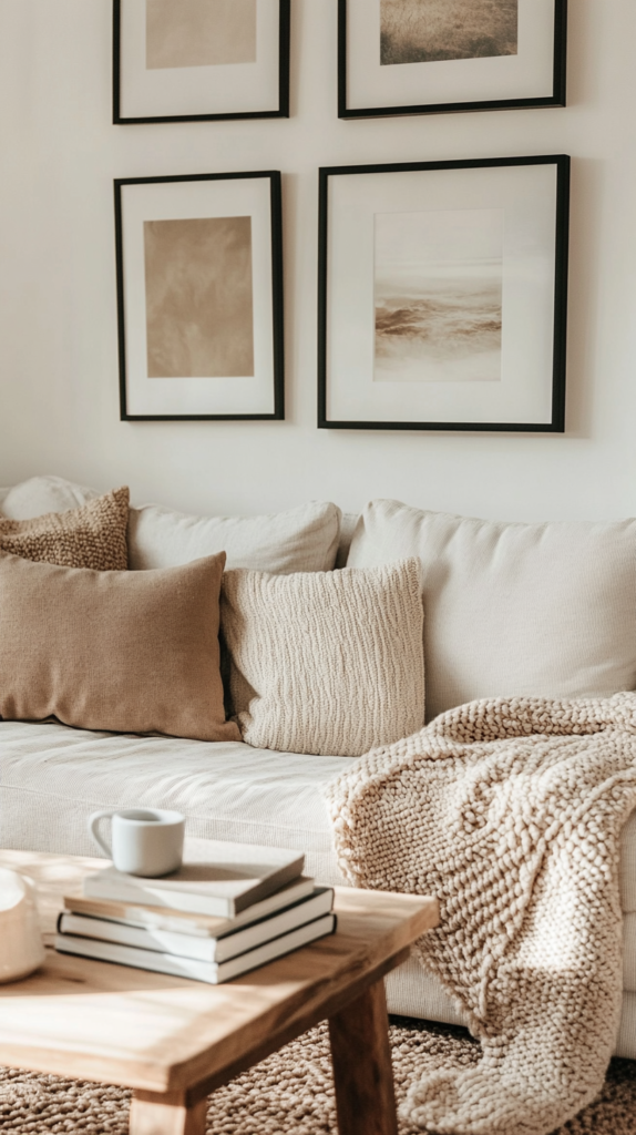 Sofa-Ecke mit Kissen, Decke und gemütlicher Galerie-Wand.