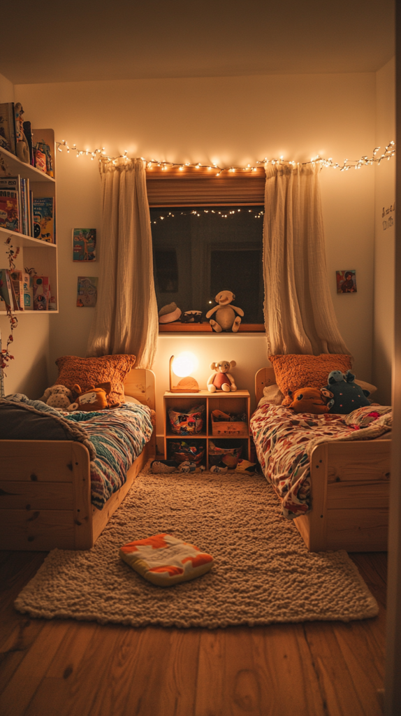 Helles Zwillingszimmer mit Lichterkette, Leinenvorhängen, Teppich und Decken auf beiden Betten.
