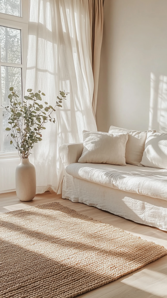 Helles skandinavisches Wohnzimmer mit Leinen-Sofa, Holzdetails und viel Tageslicht.