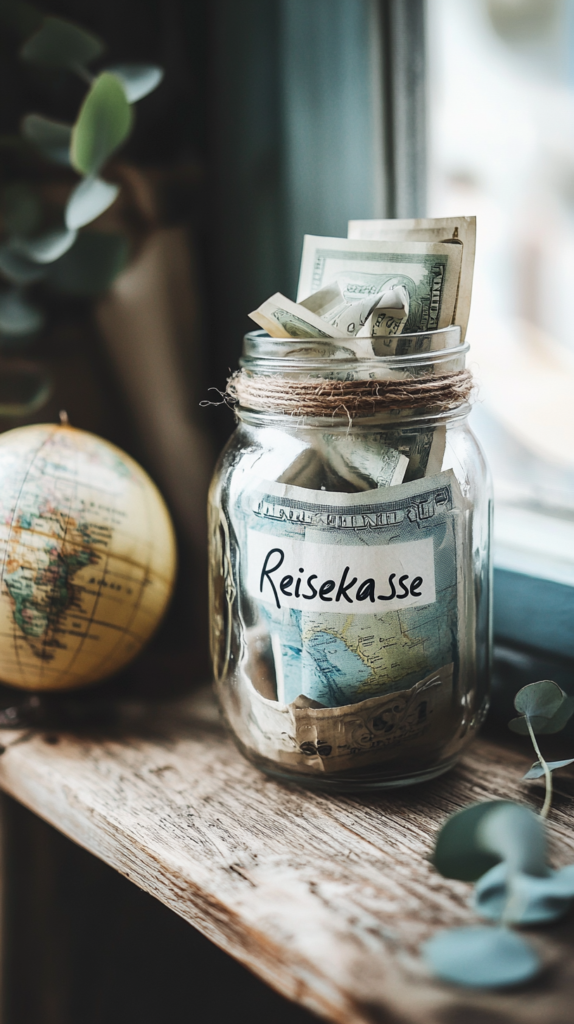Glas mit Geld, Mini-Globus & Papierflieger als Geschenk zur Reisekasse.