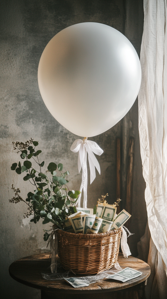 DIY-Heißluftballon-Geldgeschenk mit Mini-Korb und schwebendem Ballon.