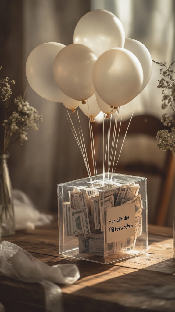Durchsichtige Box mit kleinen Ballons & schwebenden Geldscheinen als Geschenk.