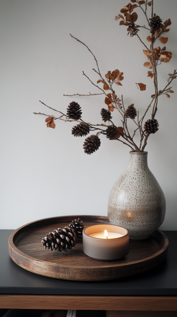 : Holztablett an der Wand mit skandinavischer Deko – Kerze, Zapfen, kleine Vase.