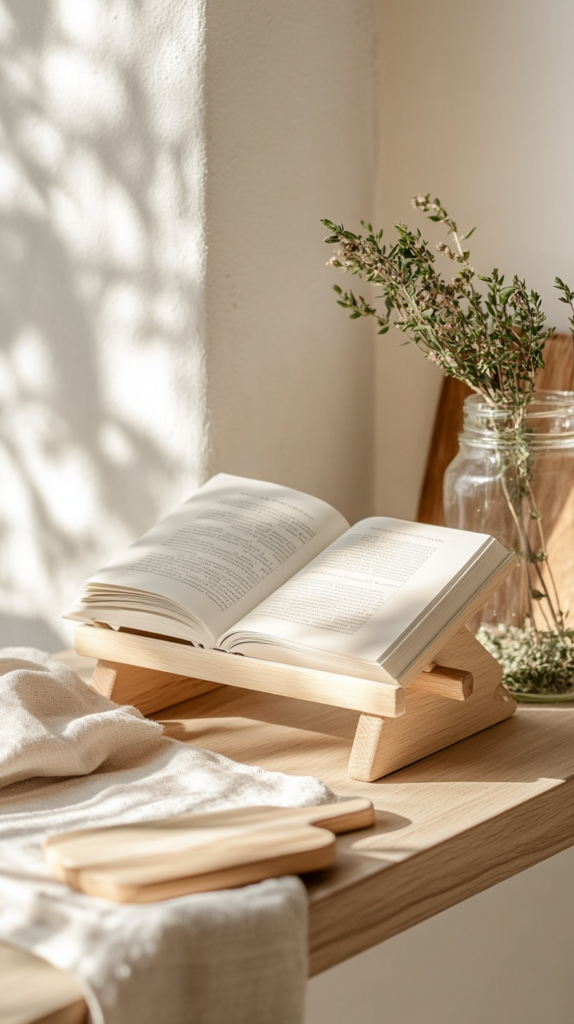 Selbstgebauter Holz-Kochbuchhalter in heller Küche mit Rezeptbuch und Kräuterdeko.