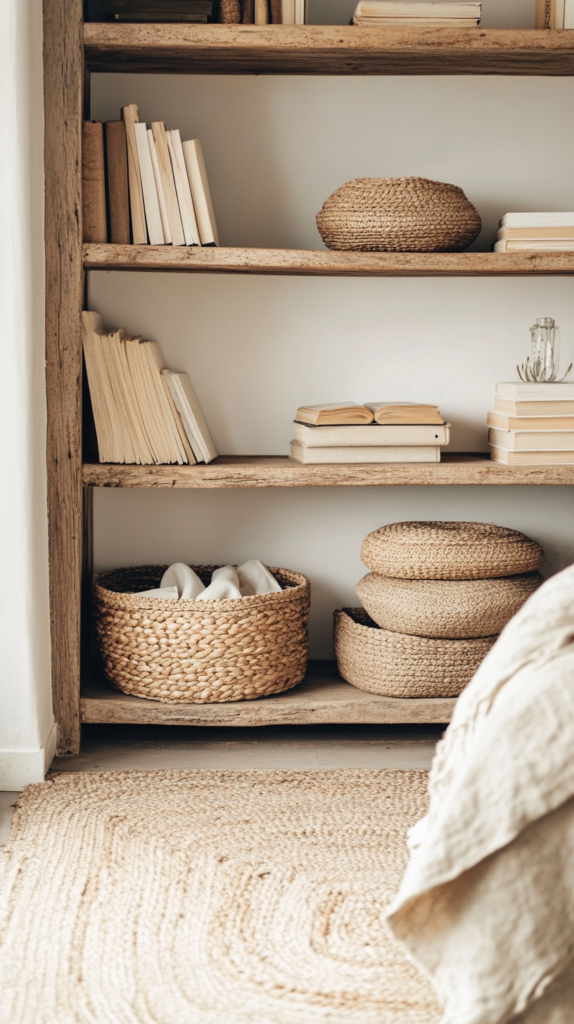 Bücherregal mit Körben und Stoffboxen im unteren Bereich, Bücher im oberen – gemütlich und praktisch zugleich.