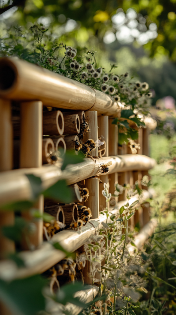 Wildbienenhotel aus Holz, Bambus und Ton im naturnahen Familiengarten.
