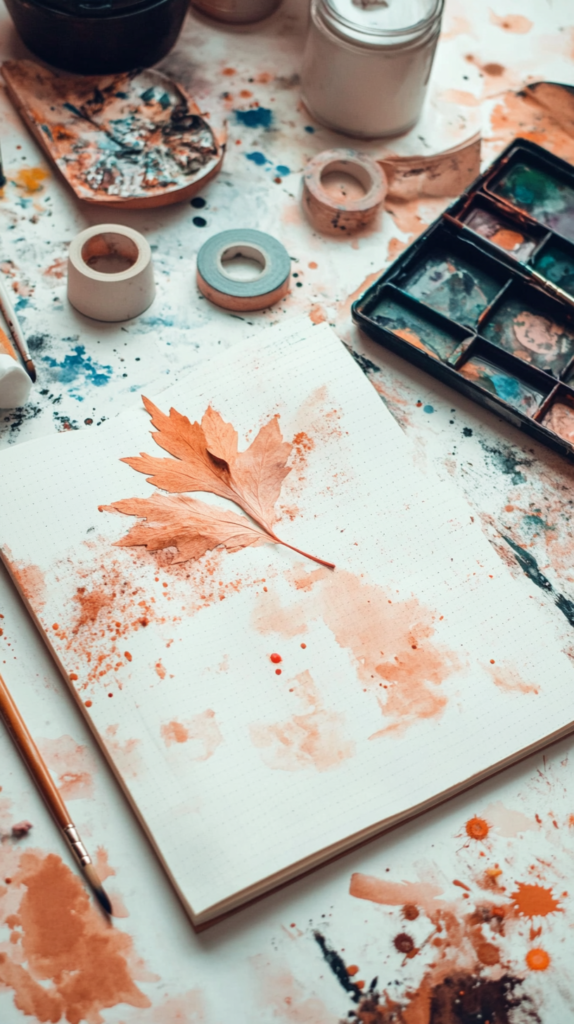 Buntes, chaotisches Kreativjournal mit Farben, Klebeband und zerrissenen Seiten.