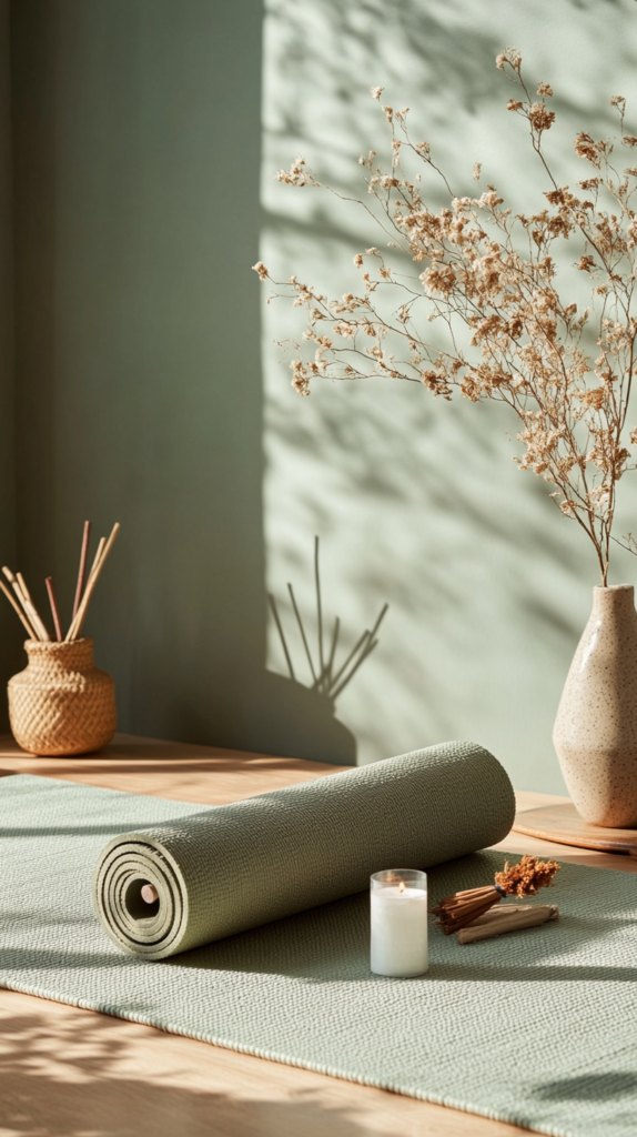  Yogabereich mit grün gestrichener Wand, Makramee und Naturdeko für eine ruhige Atmosphäre.