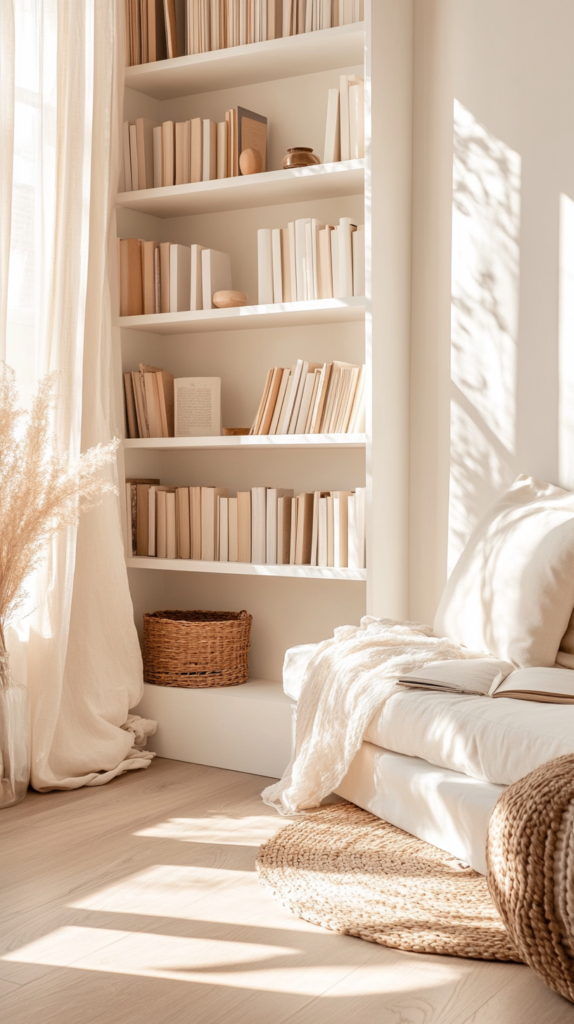 Helles Wohnzimmer mit weißem Bücherregal, in dem die Bücher farblich von Beige bis Terracotta sortiert sind.
