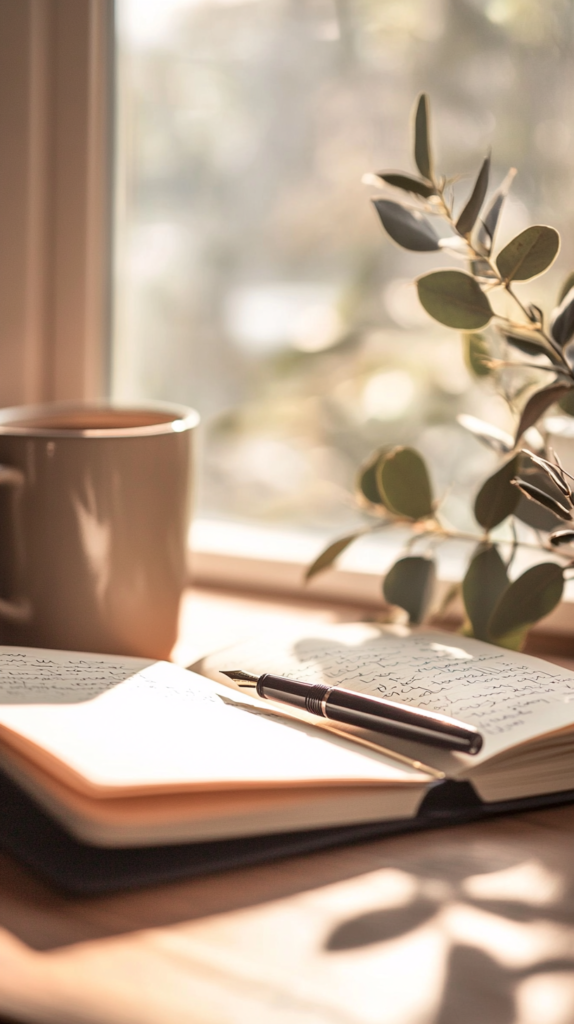Journal mit handgeschriebenen Listen, Kaffeetasse & Eukalyptuszweig im ruhigen Schreibsetting.